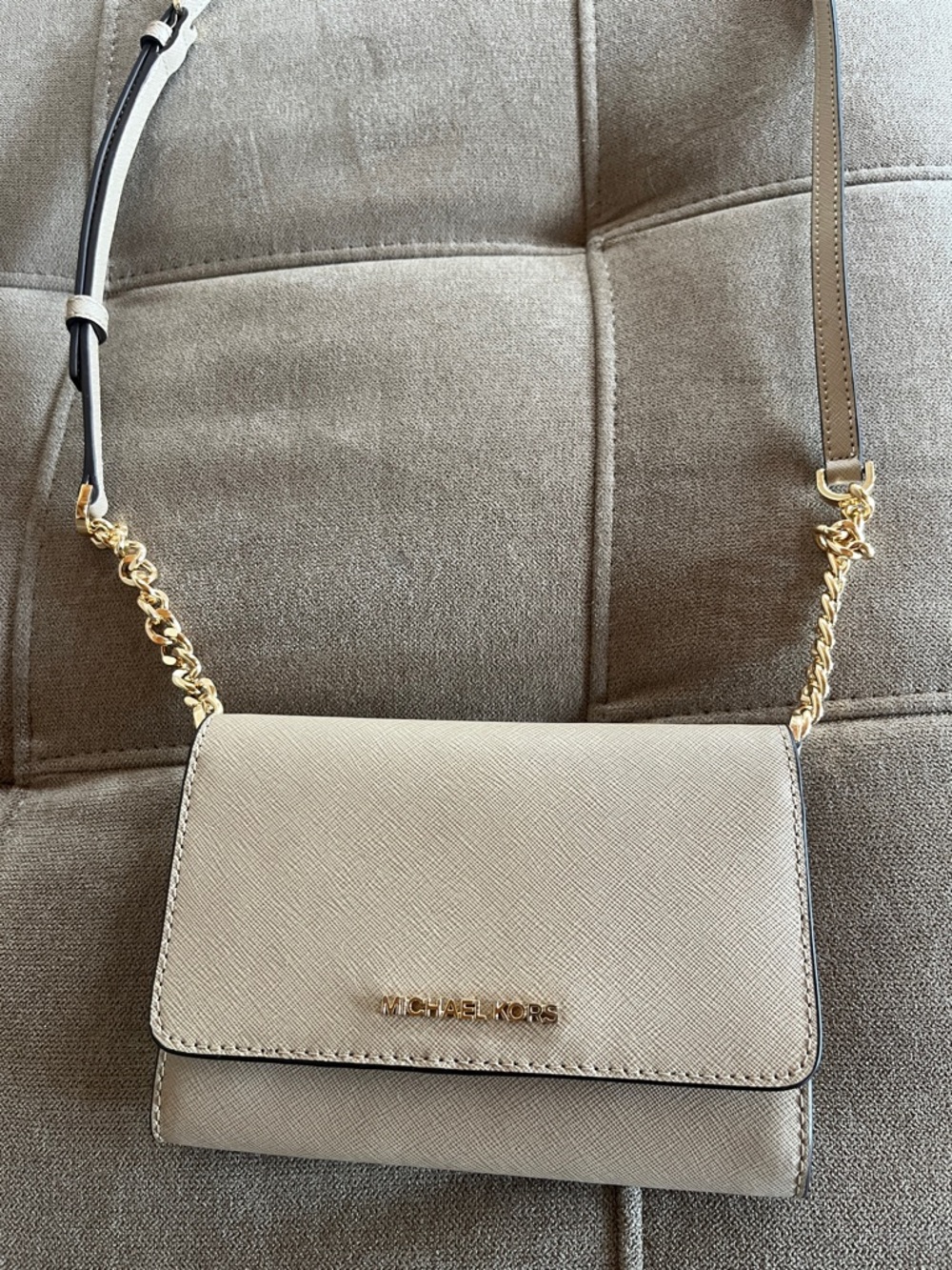 Michael Kors Beige Pebbled Leather Crossbody with Gold Chain
